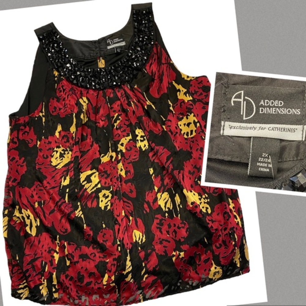 Catherines Added Dimensions Womens Plus Size 2X Black Red Floral Sleeveless Top